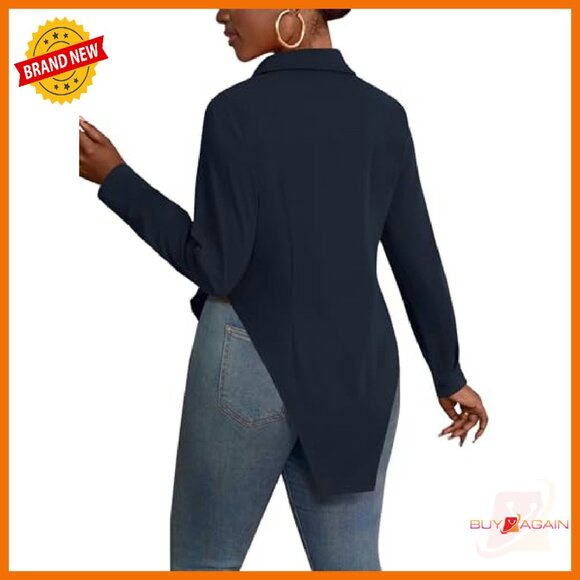 Long Sleeve V Neck Button Down Tunic Top with Slit Hem - Picture 7 of 8